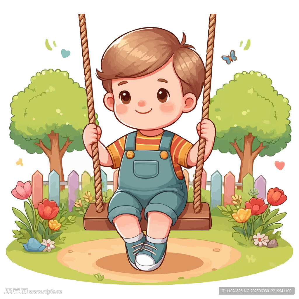 小男孩快樂地蕩著秋千