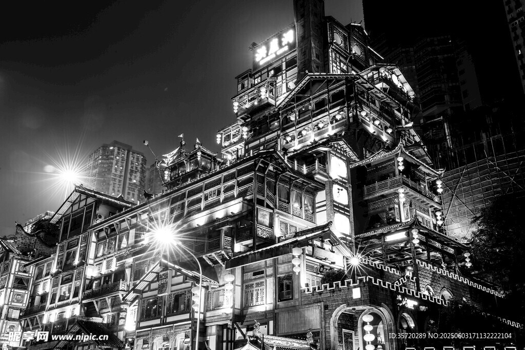 重慶洪崖洞夜景黑白影像