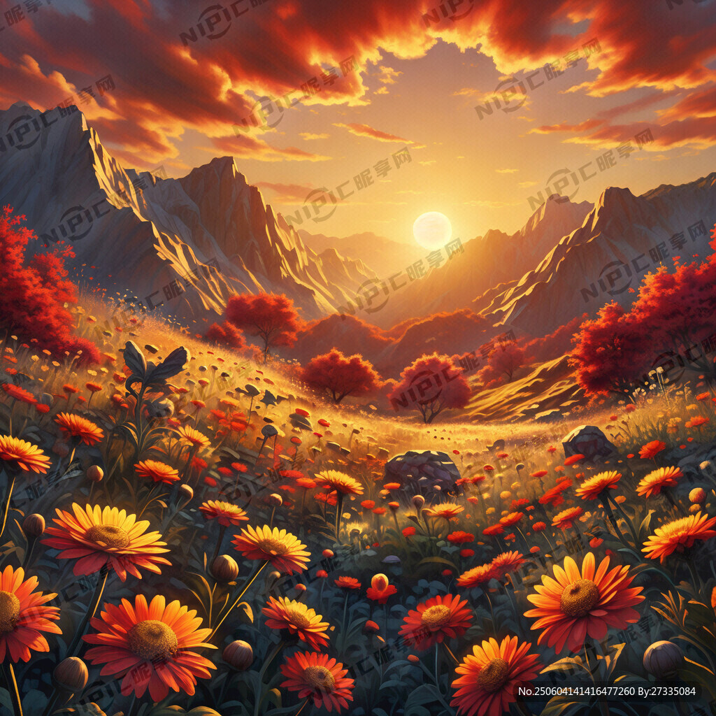 明亮色調 紅太陽 金色大山