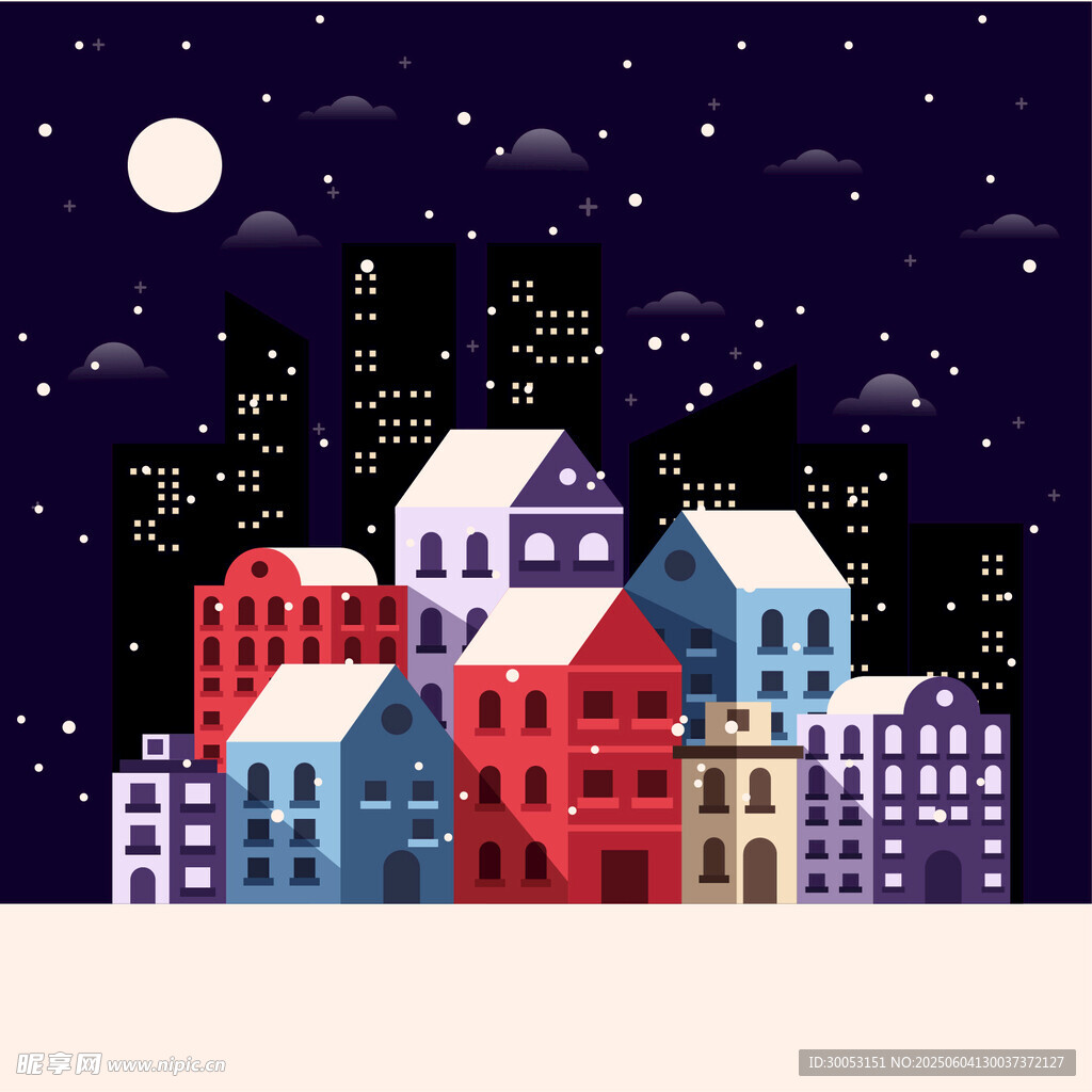 雪夜中的多彩城市建筑
