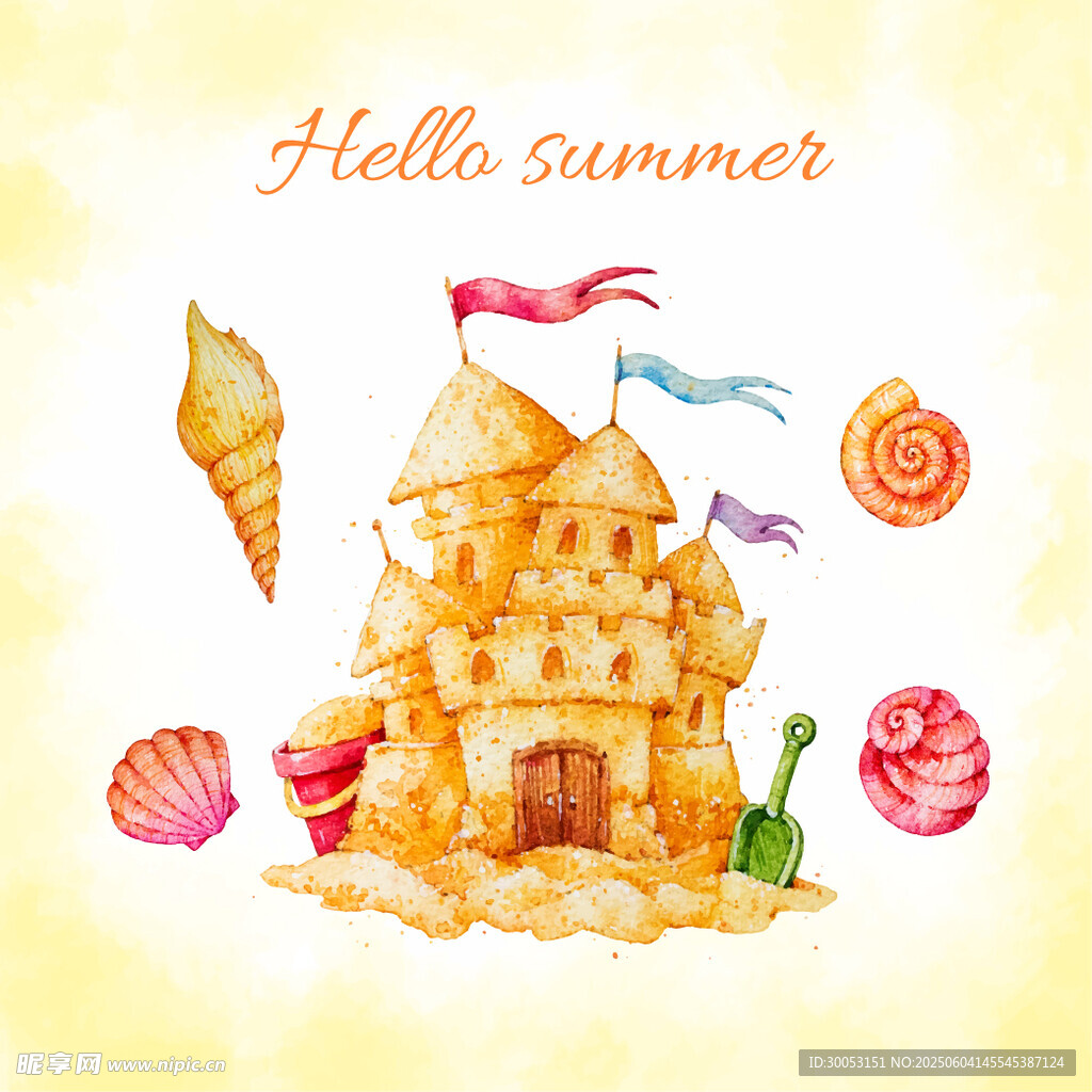 夏日沙灘城堡水彩插畫