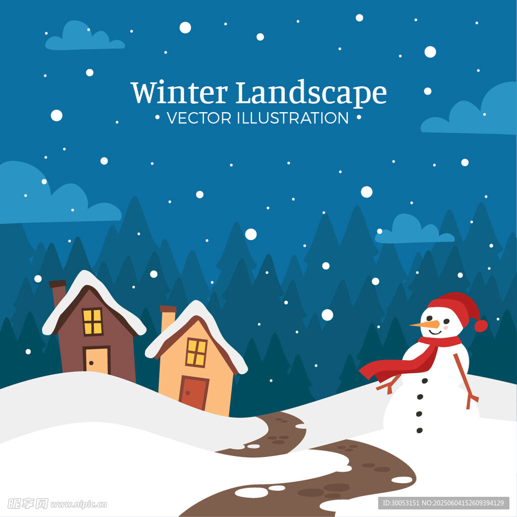 冬日雪景中的小屋與雪人