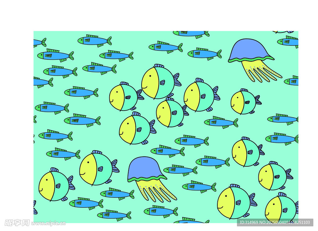 海洋小魚與水母卡通圖案