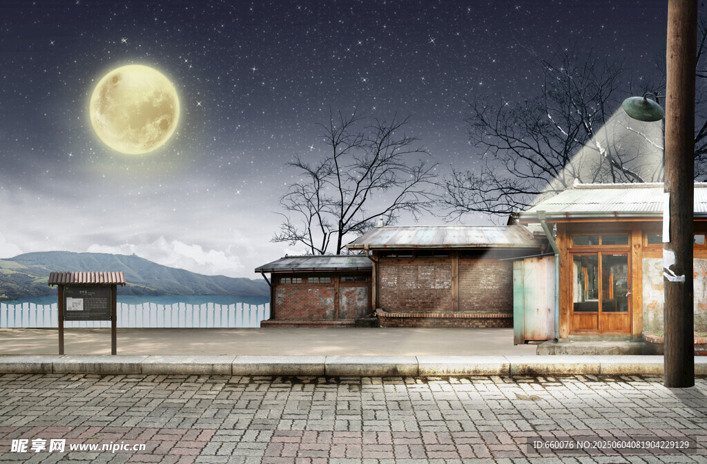 雪夜小屋月光下的靜謐