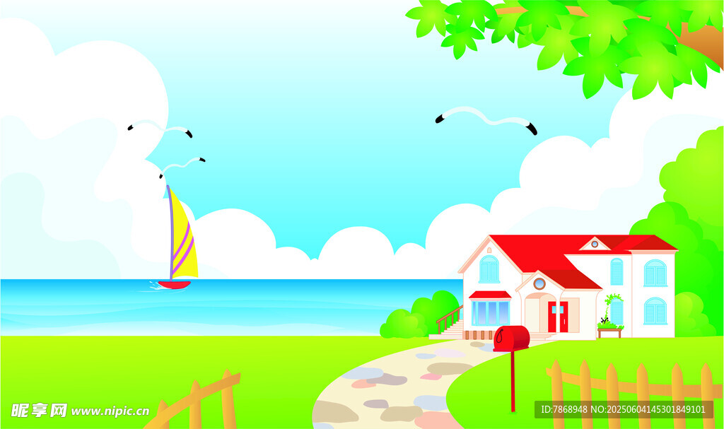 海邊小屋田園風光美景