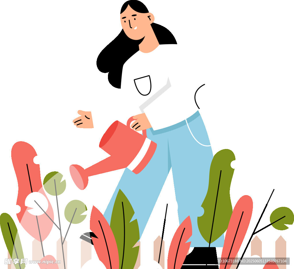 女子花園澆水的愜意時刻
