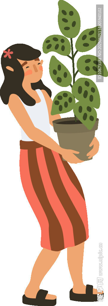 女子手持綠植面帶笑容