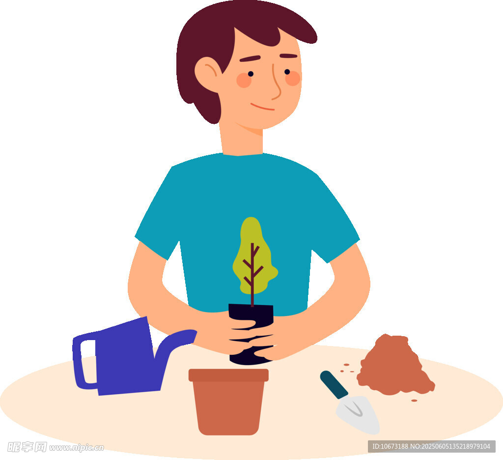 男孩專注種植小綠植