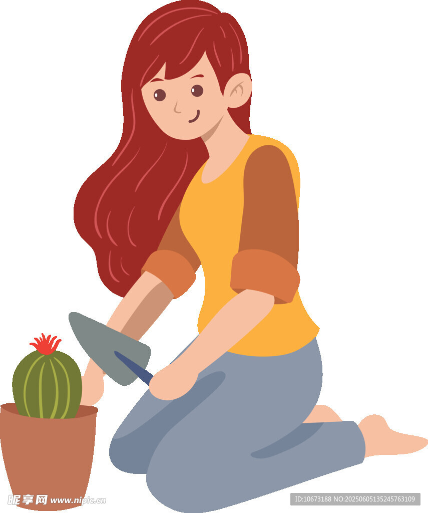 女子專注盆栽仙人掌