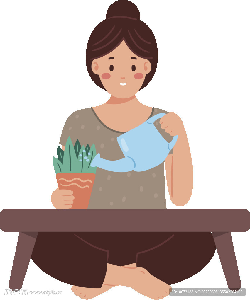 女子愜意地給盆栽澆水