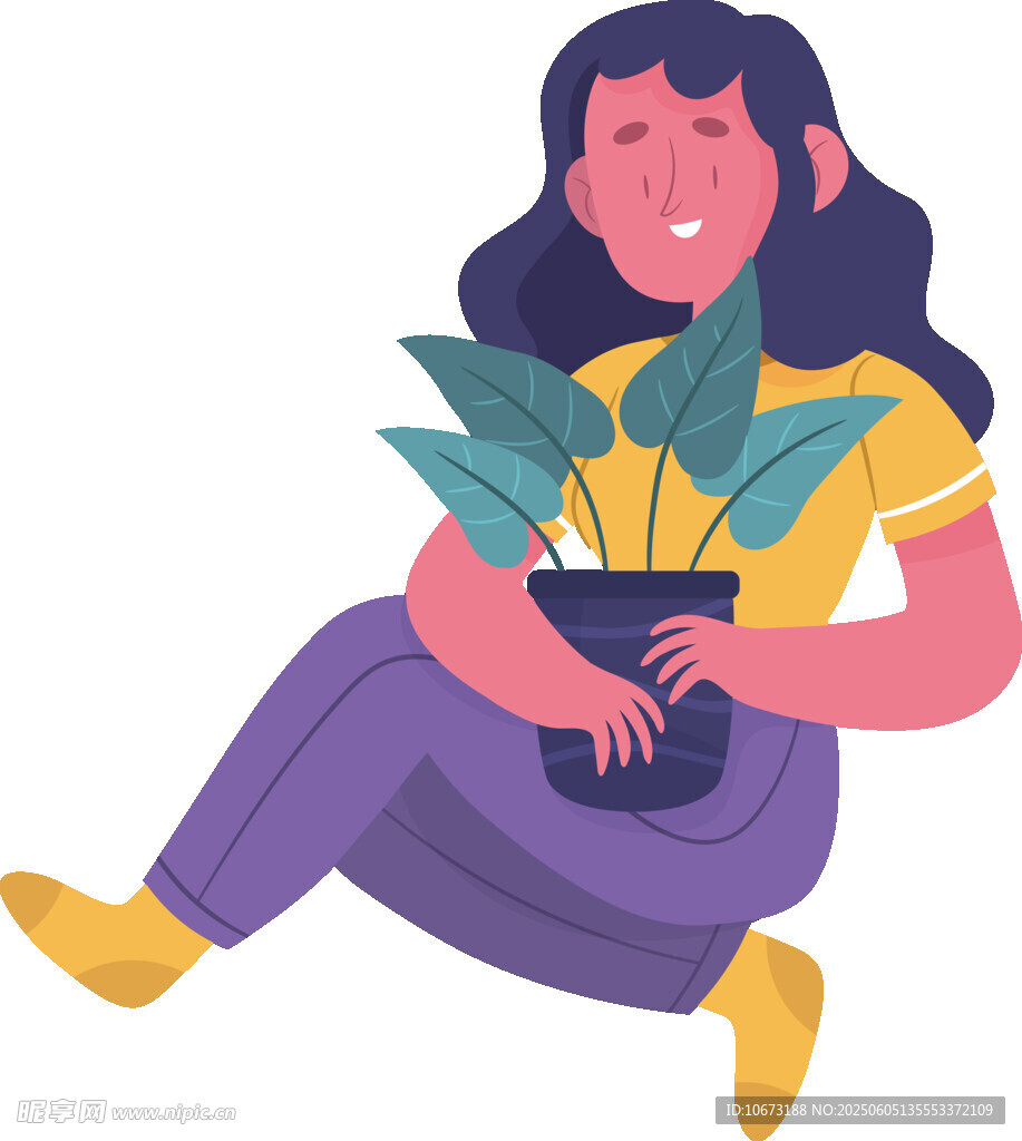 女子開心抱綠植