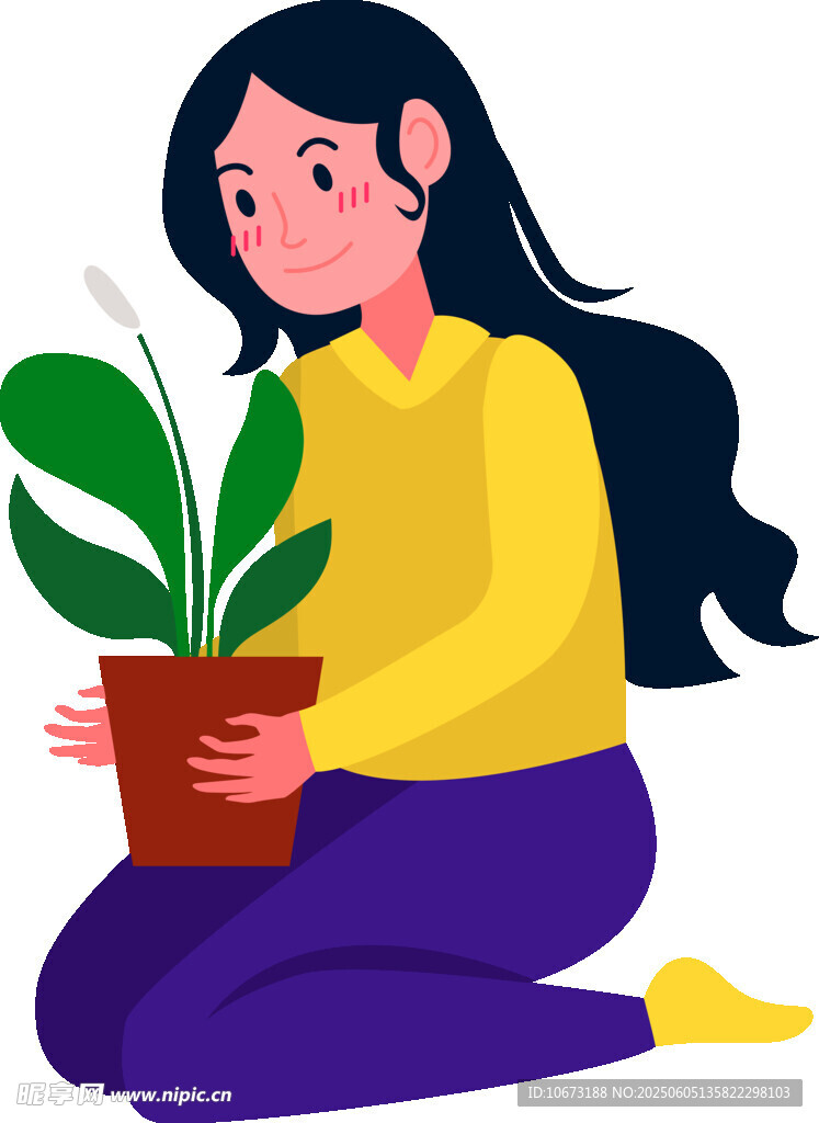 女孩捧綠植溫馨畫面