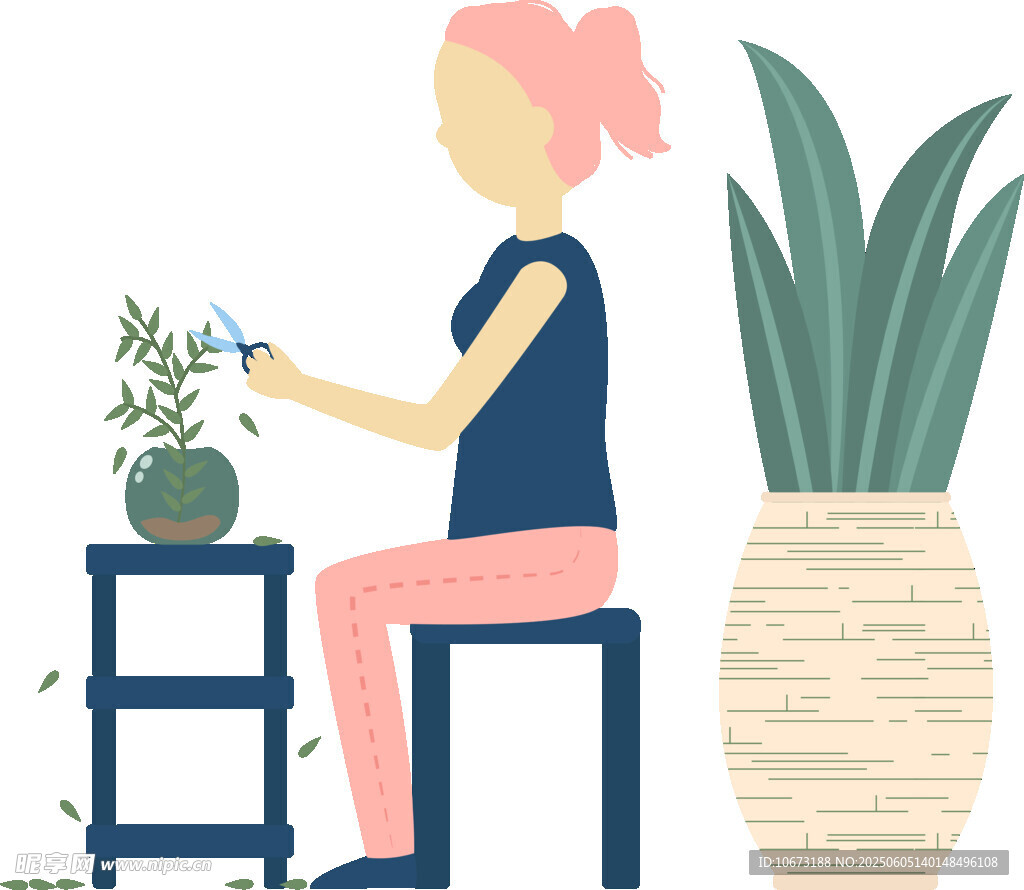 女子專注打理盆栽植物