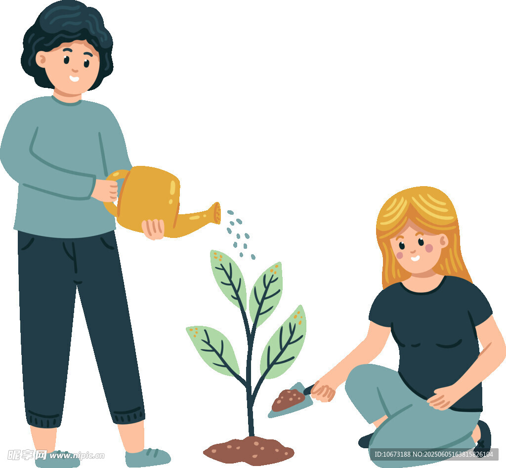 兩人齊心共植小樹苗