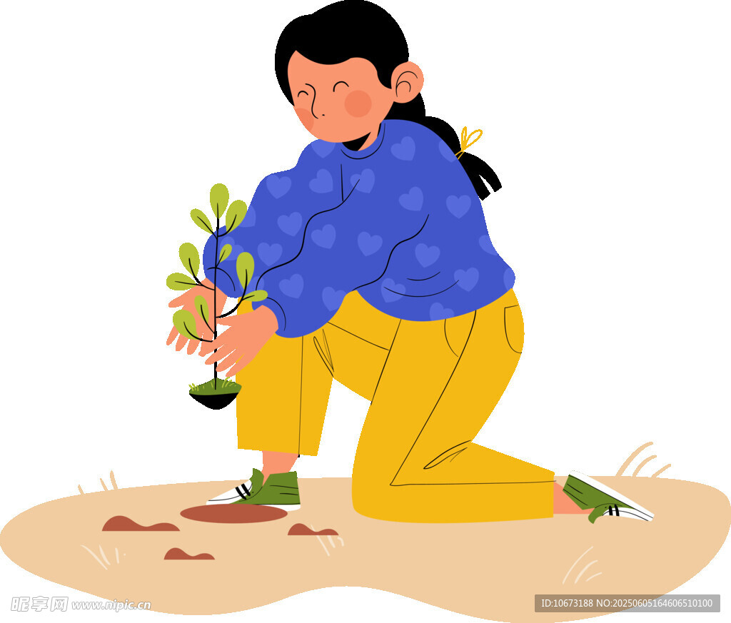 女孩跪地栽種綠植