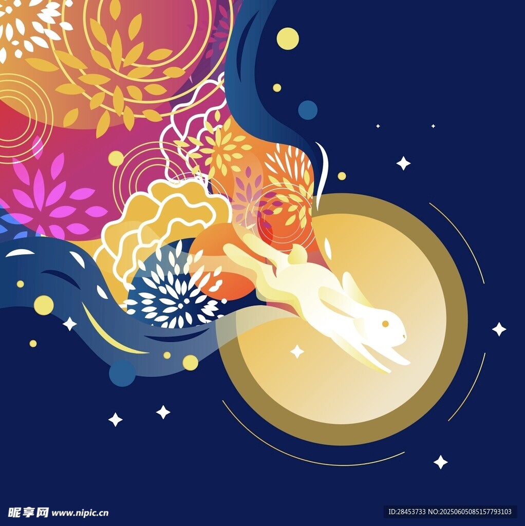 國風玉兔逐月插畫