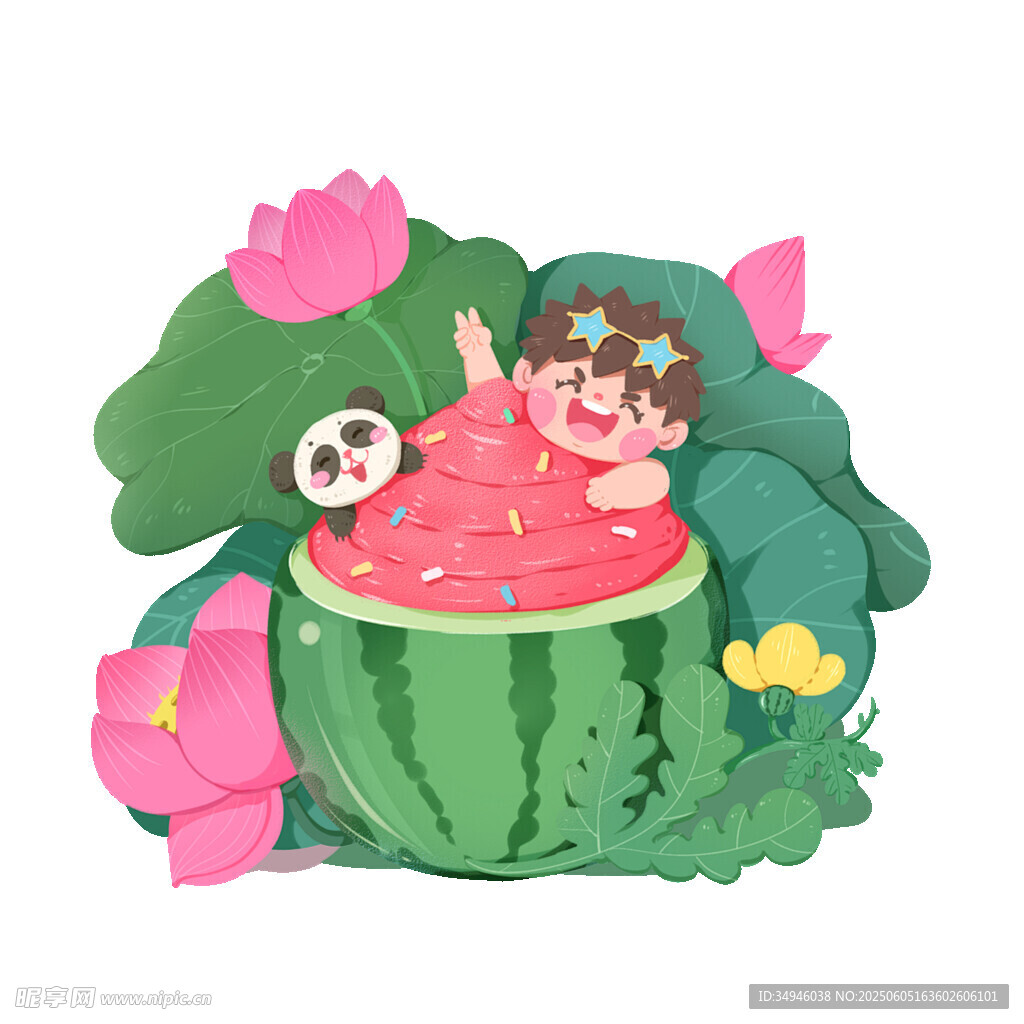 小孩躺西瓜中享受夏日時光