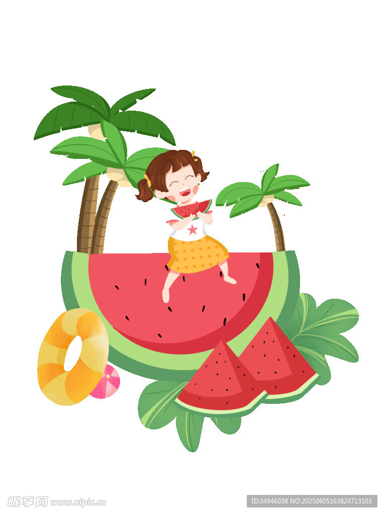 女孩坐在西瓜上享受夏日