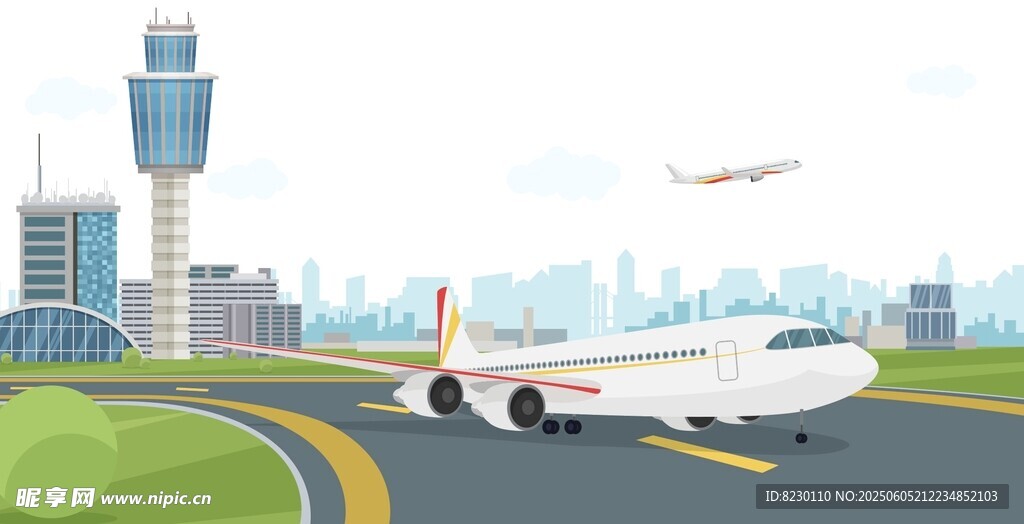 機場跑道上的飛機與城市景
