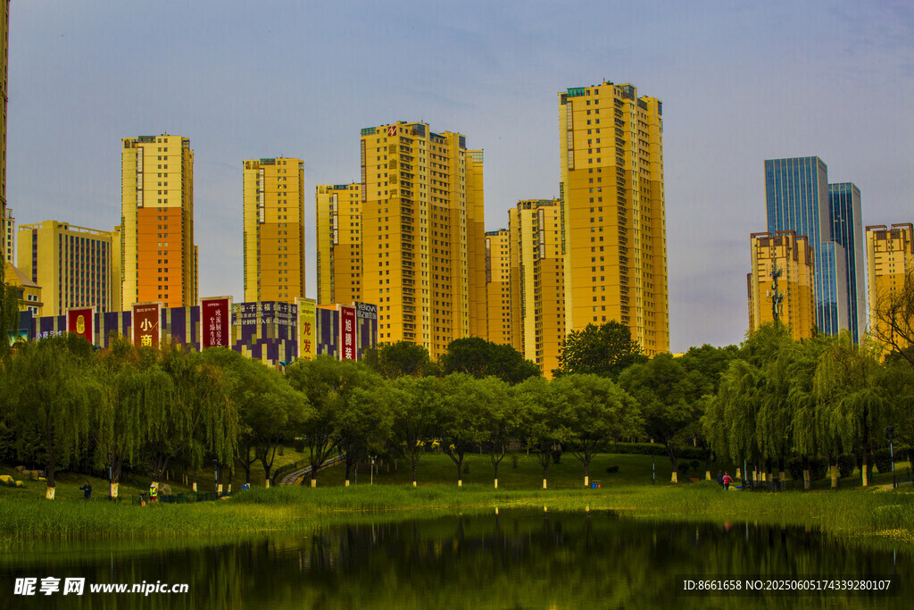 湖畔金色高樓城市美景