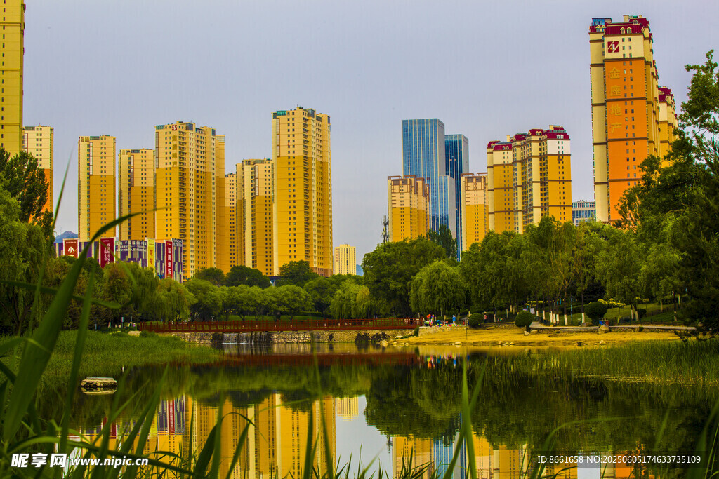 湖畔高樓林立的城市美景