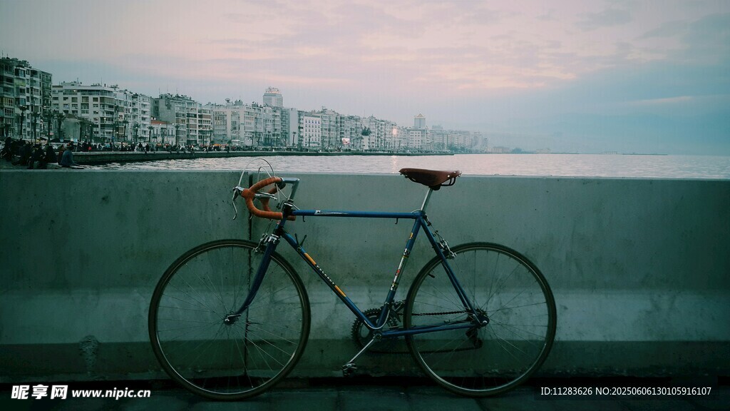 海邊停靠的復古自行車