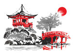 水墨風(fēng)日式亭橋紅日?qǐng)D景