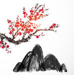 水墨紅梅映山巒