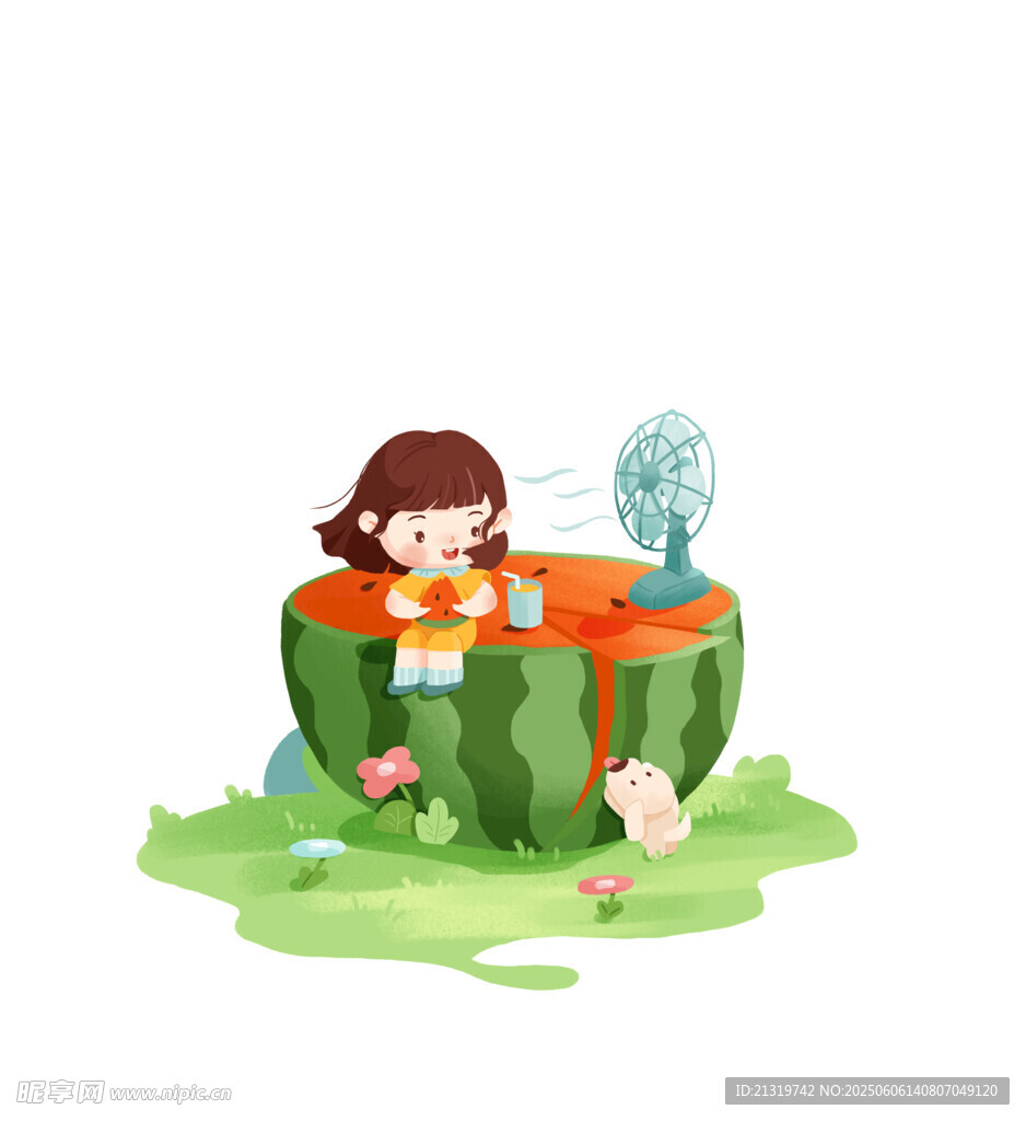 夏天吃西瓜吹風扇插畫