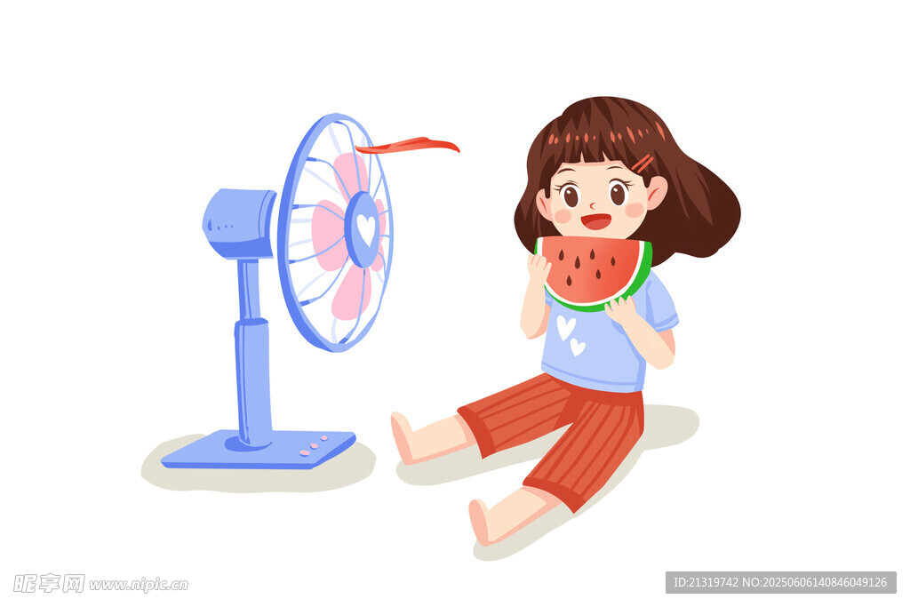 夏天吃西瓜吹風(fēng)扇插畫