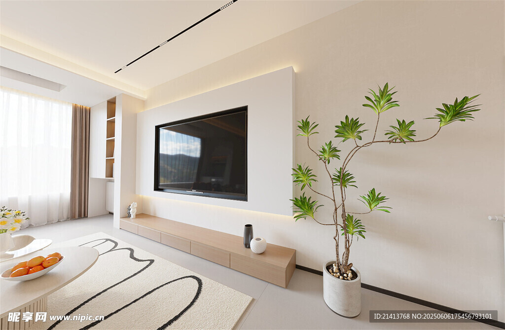 簡約客廳綠植電視墻布置