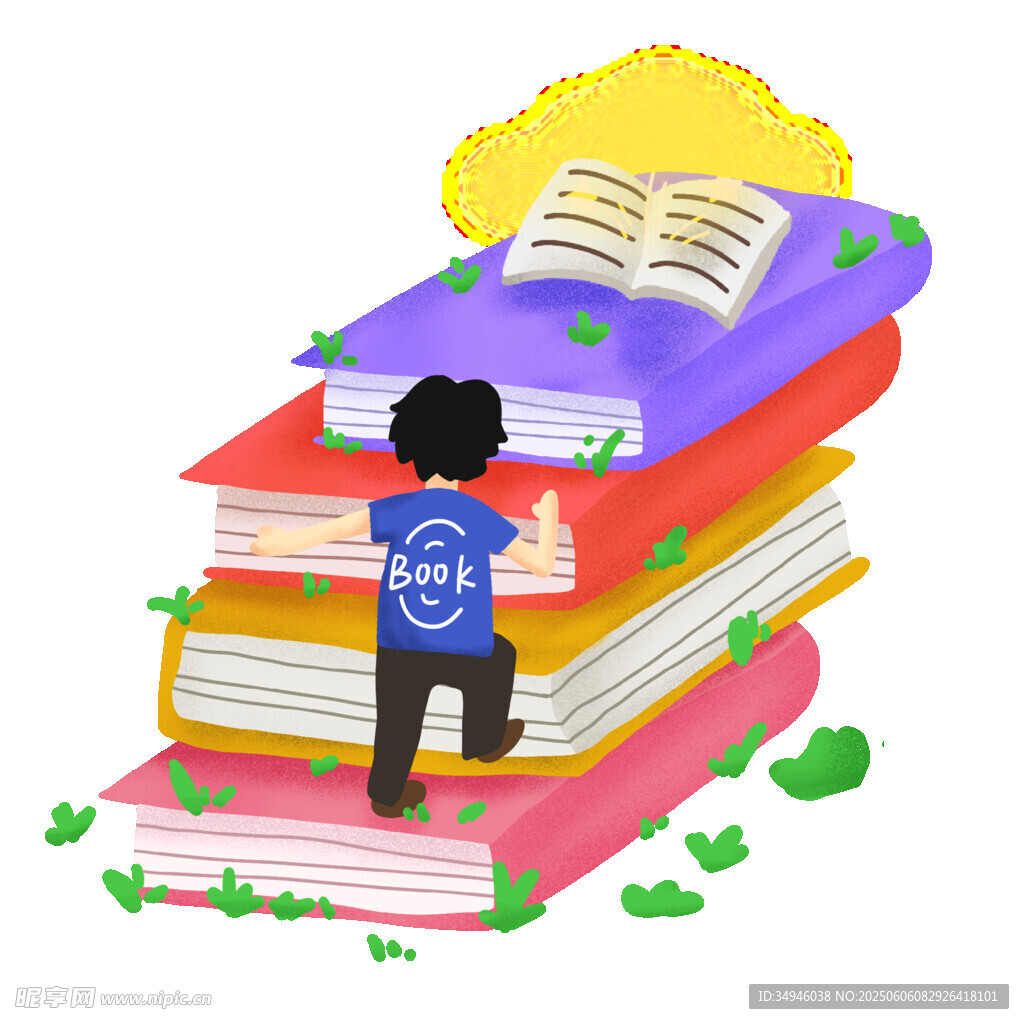 男孩沉浸于書堆的知識世界