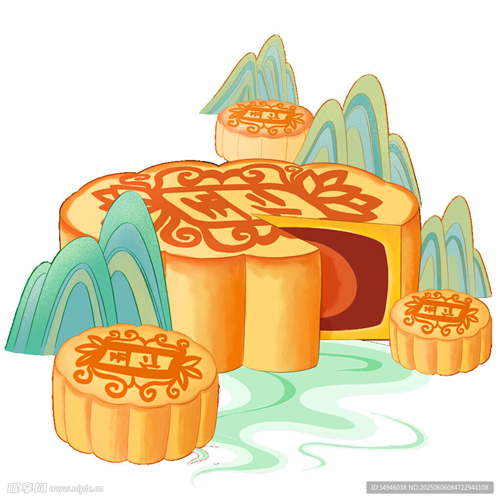 中秋月餅與山水插畫