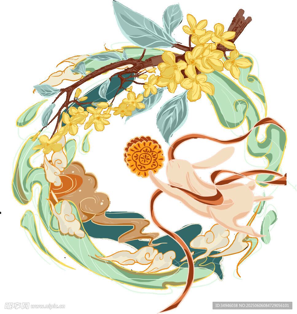 桂花玉兔中秋國風(fēng)插畫