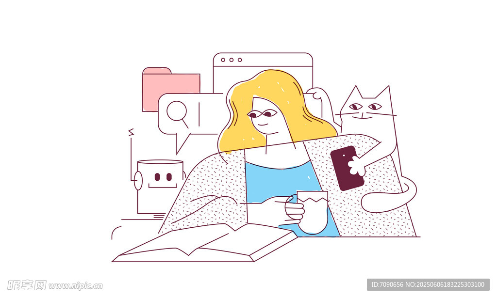 女孩與貓咪愜意閱讀時光