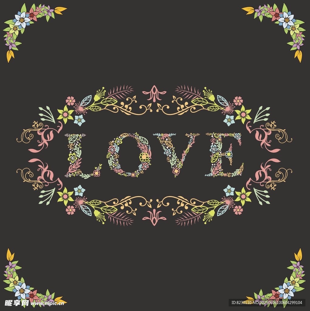 浪漫花卉環繞的LOVE字樣