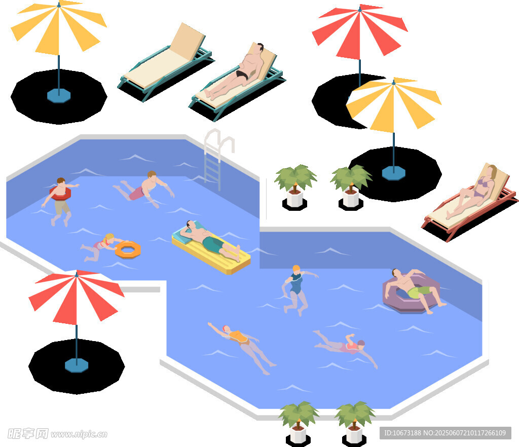 夏日泳池休閑場景插畫
