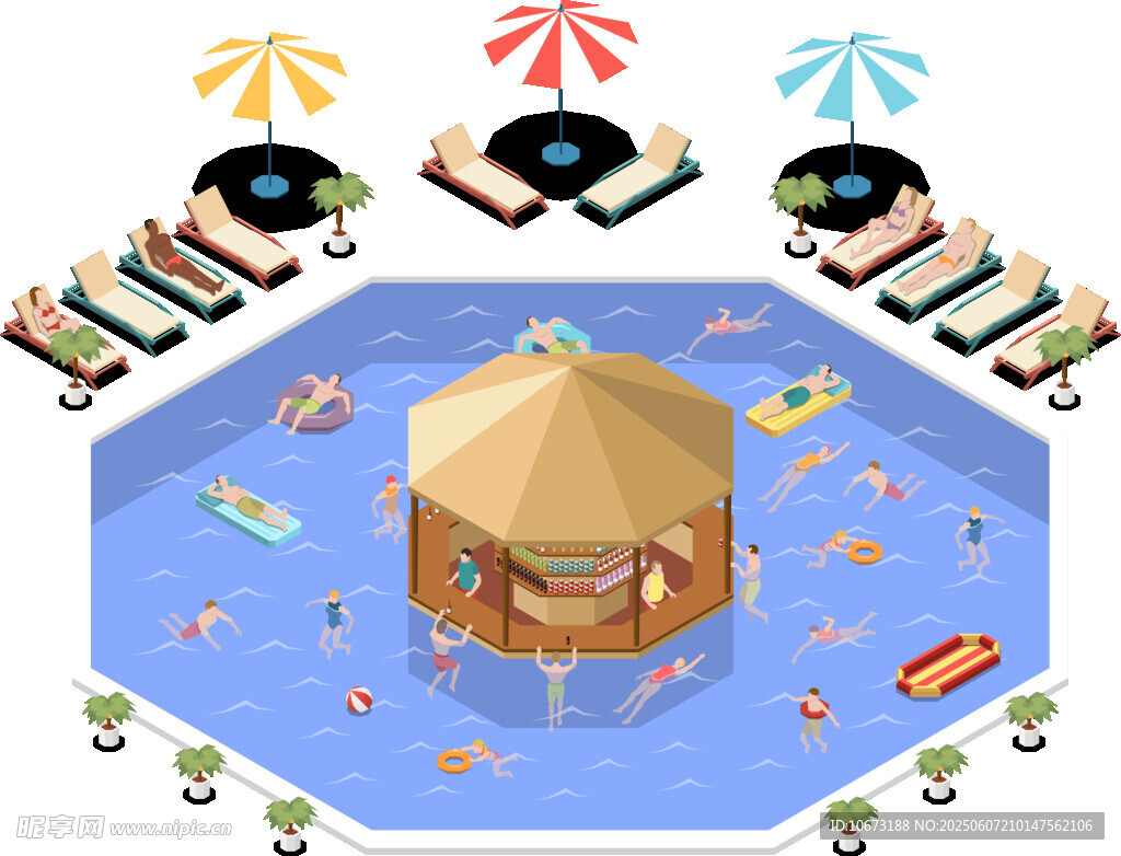 夏日泳池中的休閑小亭