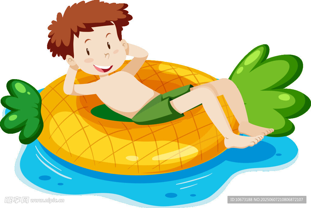 男孩躺在菠蘿浮圈上戲水