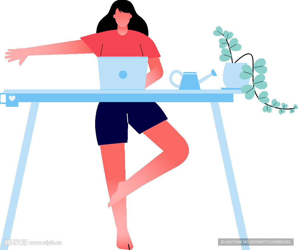 女子桌邊單腿站立用電腦