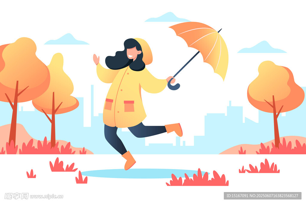 雨中女子歡快跳躍