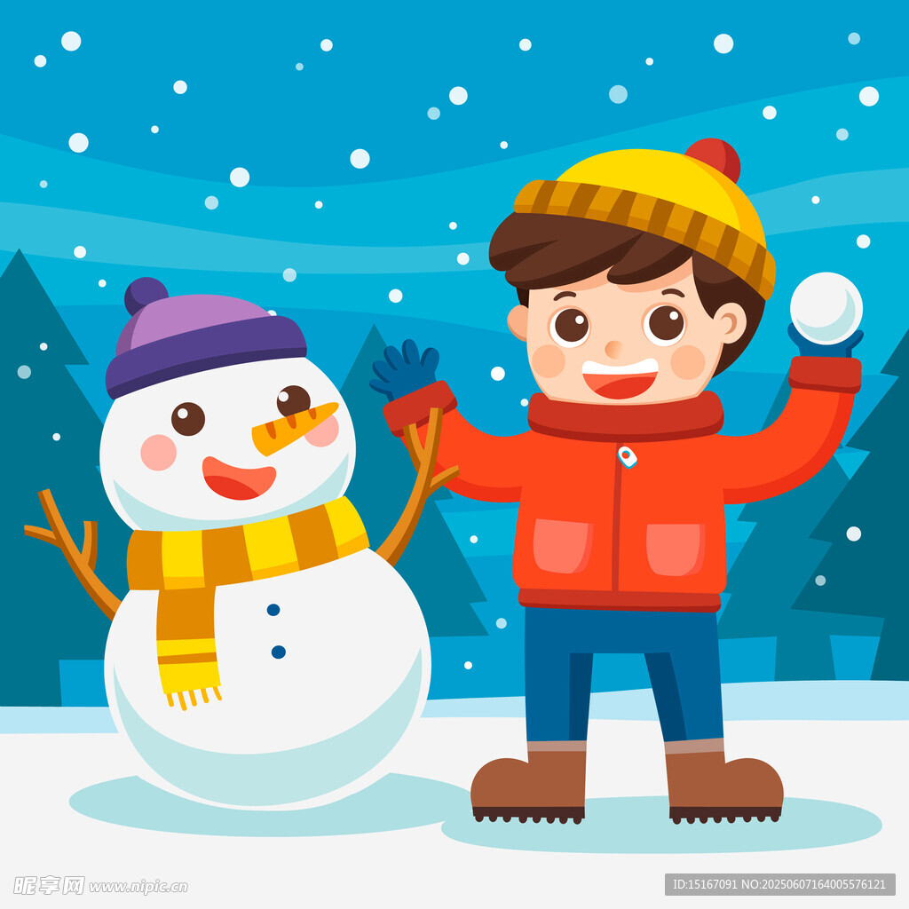 男孩開心堆雪人玩雪