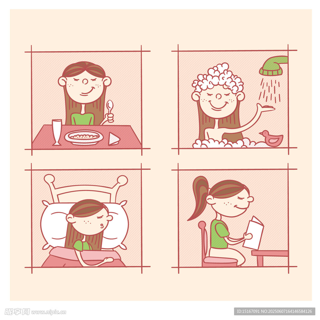 女孩日常四場景插畫