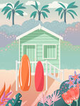 海濱小屋與沖浪板風景
