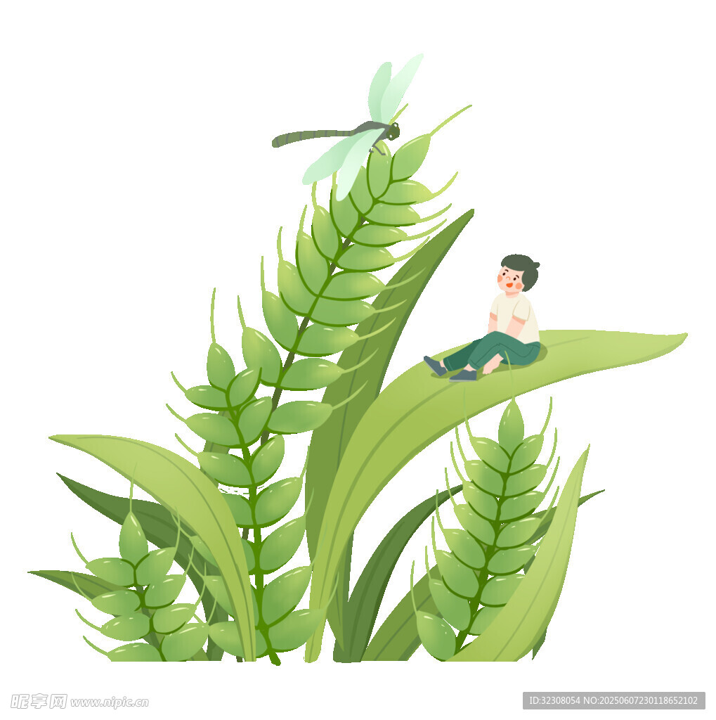 男孩坐于綠葉上與蜻蜓相伴