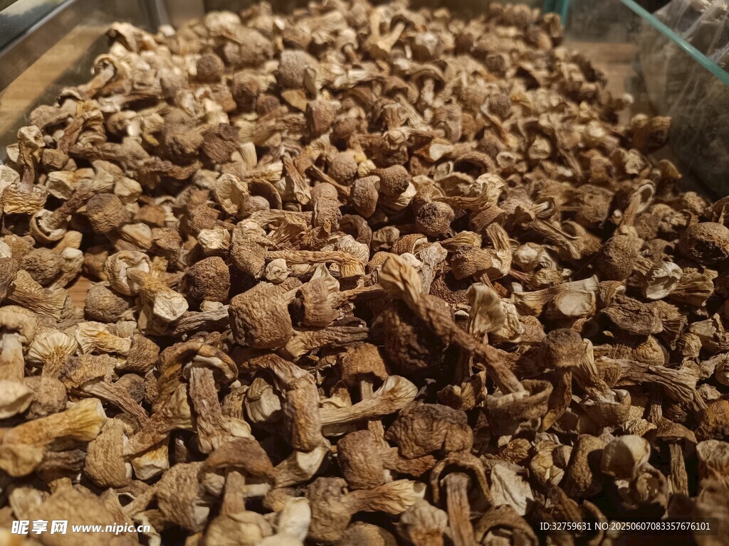 大量干蘑菇堆放在一起