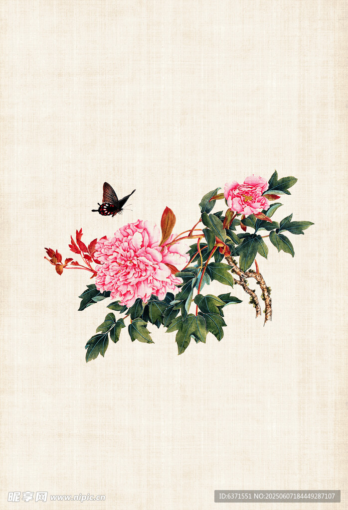 中式花卉蝴蝶刺繡圖案