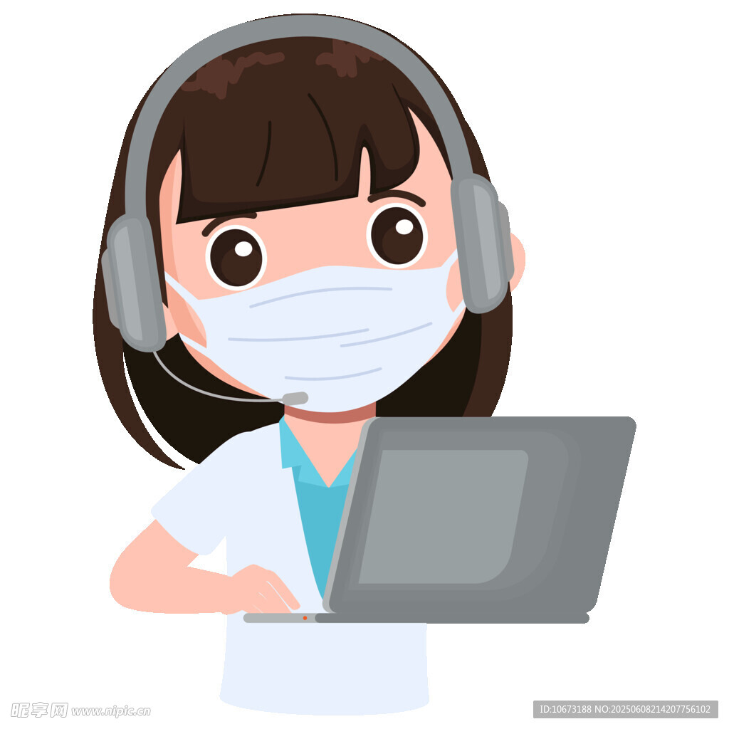戴口罩用電腦的客服女孩