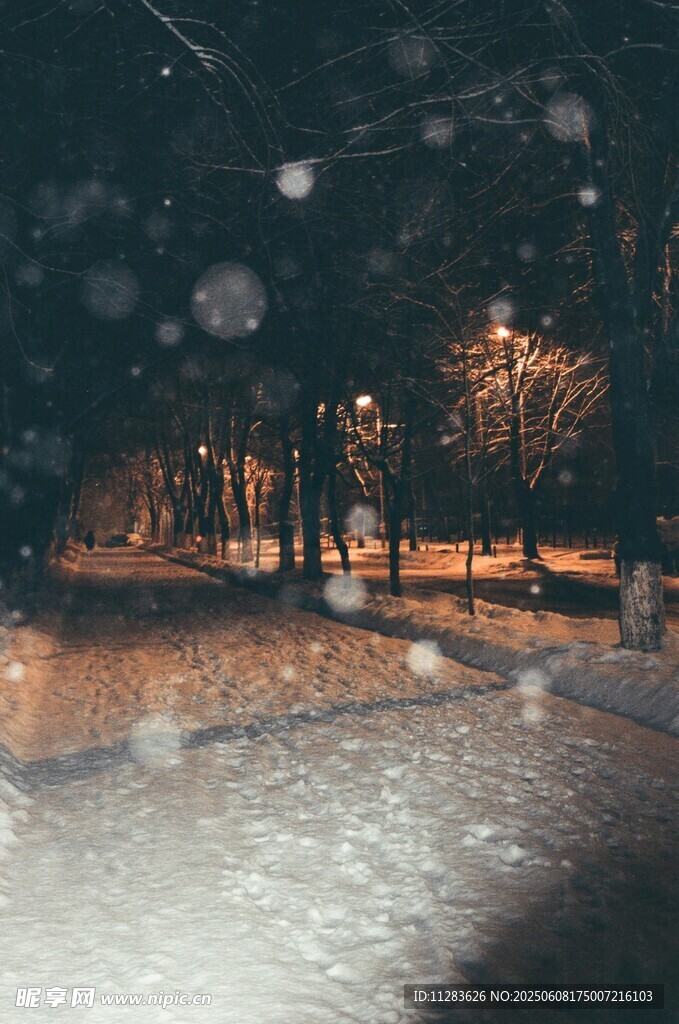 雪夜街道燈光雪景畫面