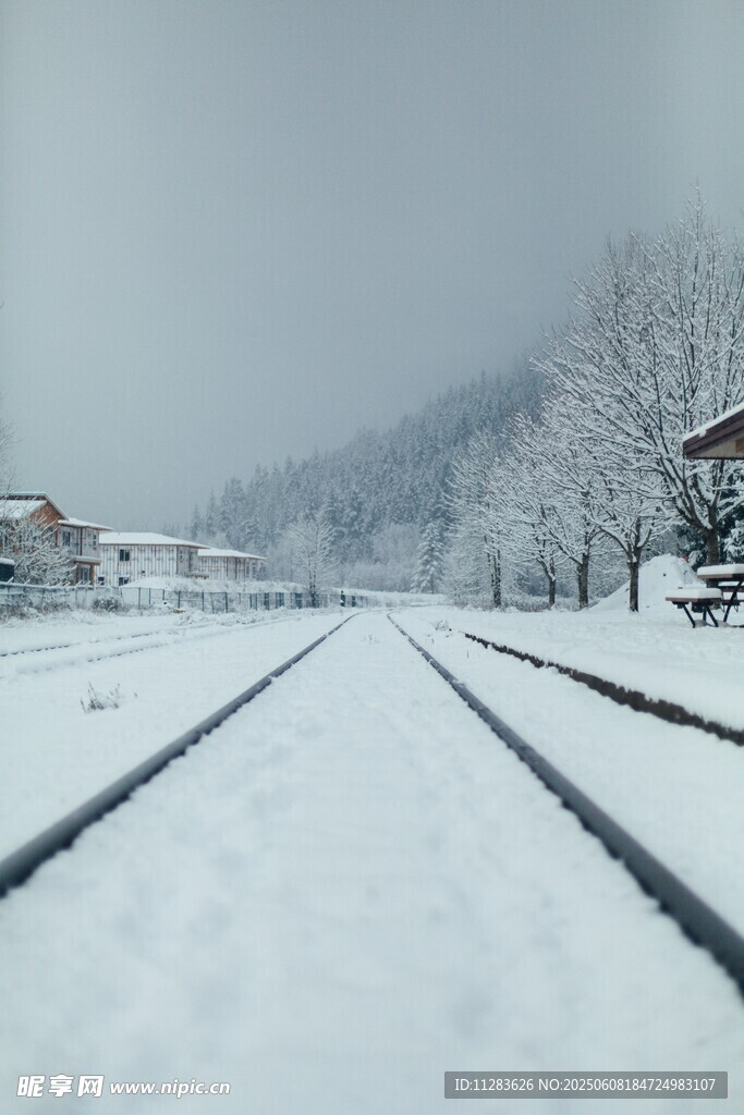 雪覆鐵軌的冬日靜謐景象